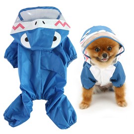 SMALLLEE_LUCKY_STORE Cute Shark Raincoat for Small Dogs with Hoood Leash D-ring Puppy Botton Down Rain Jacket Full Boby 4 leg Jumpsuit Lightweight Waterproof Clothes,Blue L