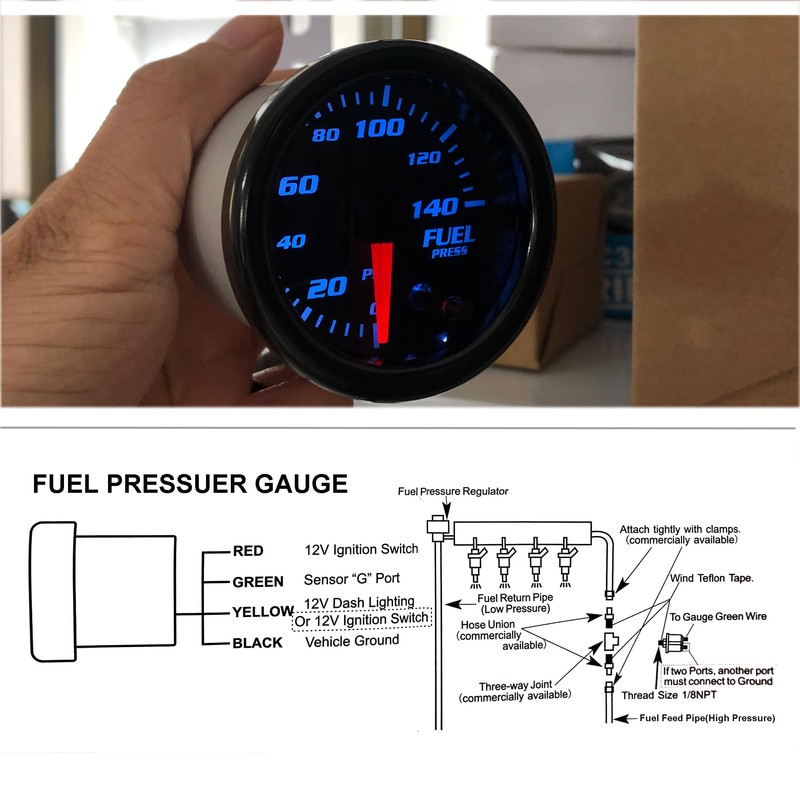 2-1/16" 52mm Fuel Press Gauge Tinted 7 Color 0-140 PSI
