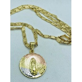 Virgen de Guadalupe Medalla redonda y Cadena Oro Laminado 26"