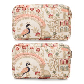 LONGING TO BUY Floral Embroidered Cosmetic Pouch, Make Up Organizer Pouch for Women, Zip Pouch Combo for Multiple Use Wristlet Design (Cream)