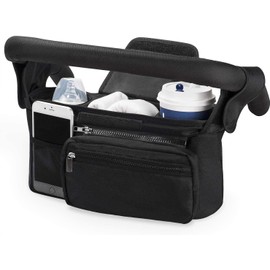 Universal Stroller Organizer with Insulated Cup Holder Detachable Phone Bag & Shoulder Strap, Fits for Stroller Like Uppababy, Baby Jogger, Britax, BOB, Umbrella and Pet Stroller (Black)