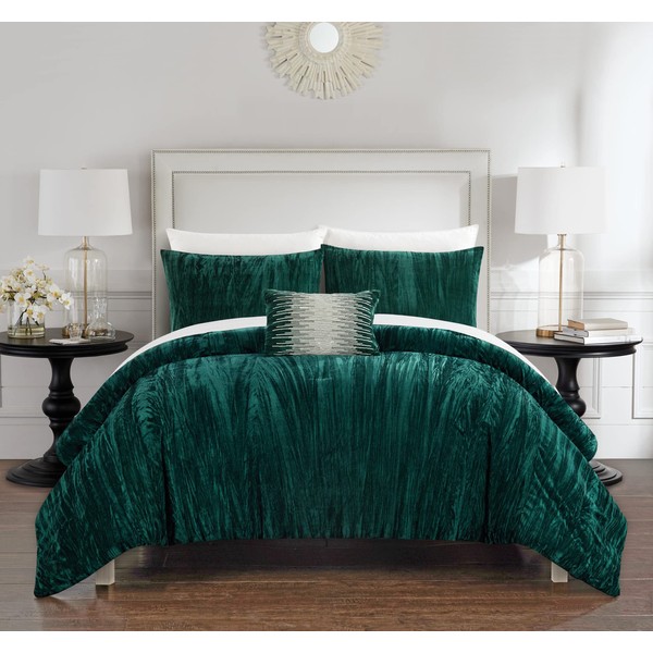 Chic Home Westmont 4 Piece Comforter Set Crinkle Crushed Velvet Bedding-Decorative Pillow Shams Included, King, Green