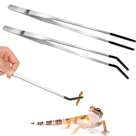 2 Pcs Long Tweezers Reptile Lizards Gecko Feeding Tongs Stainless Steel Rubber Tipped with Straight & Curved Head Feeder Tool for Aquarium Terrarium