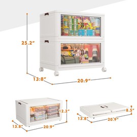 RaybeeFurniture Stackable Storage Containers with Wheels & Lid Large Plastic Foldable Organizers for Home Office, Ideal for Clothes, Books, and More:_M-2 packs