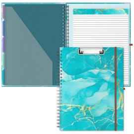 Hnogri Clipboard Folio with Refillable Lined Notepad, Clipboards with 5 A4 Folders Storage 10 Pockets, Spiral Clip Board Portfolio, Size 12.8" x 9.7", Office Supplies, School Supplies, Teal Marble