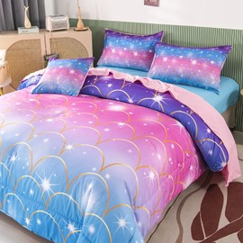 PERFEMET 6Pcs Mermaid Scale Comforter Sets Twin Size, 3D Pink Glitter Bed in A Bag for Teens Girls, Colorful Rainbow Bedding Comforter with Sheets Set, Ultra Soft Sparkly Galaxy Quilted Duvet