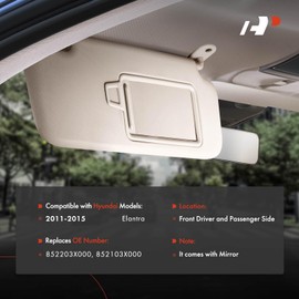 A-Premium Left & Right Sun Visor with Mirror - Compatible with Hyundai Elantra 2011-2015, Driver & Passenger Side, Without Light, Without Sliding Sun Visor Extension, with Card Holder, Beige