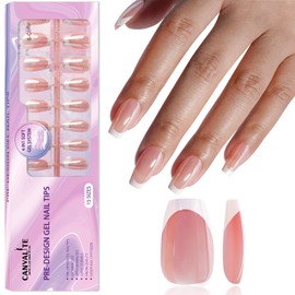 Canvalite Chrome French Tip Press on Nails Short Gel Nail Tips - 150Pcs Pre-Colored Quick and Easy Fake Nails with Designs Press on Nails Medium Square DIY Nail Extensions, Pink White