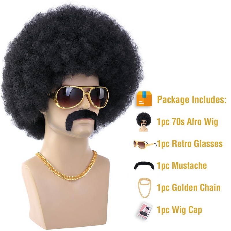 morvally Afro Wig Black 70s for Men with Chain for