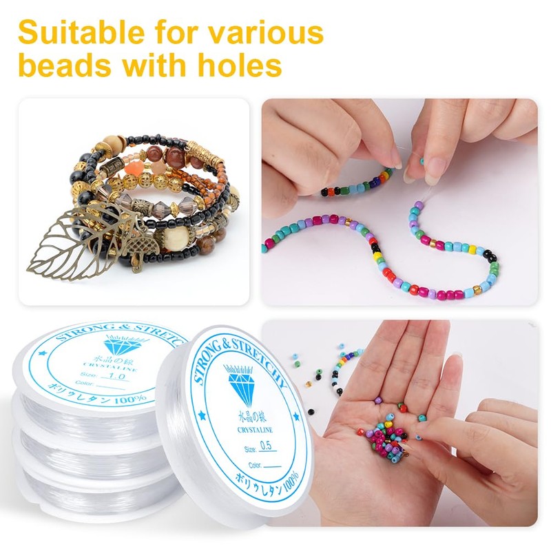 AUAUY 4 Rolls Elastic String for Bracelets, 0.5mm 1.0mm Clear