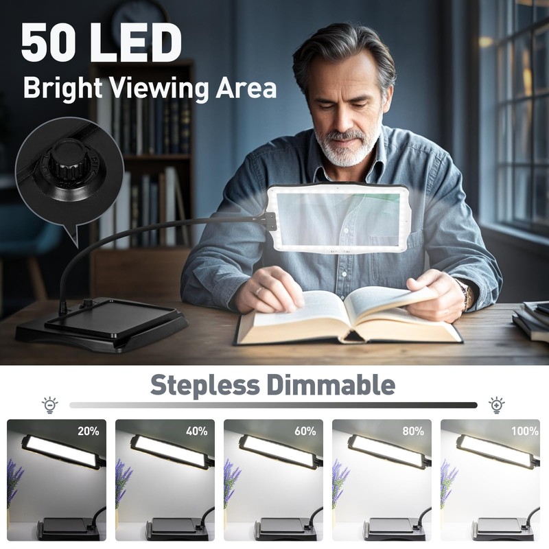 10X Rechargeable Magnifying Glass with Light and Stand, 50 LED