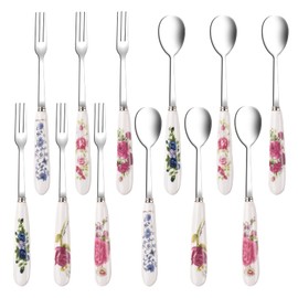 12 Pieces Forks and Spoons with Ceramics Handle, Stainless Steel Utensils Dessert Spoons and Forks Set for 6, Cutlery Set with Flower Pattern, Flatware Set for Home Restaurant and Kitchen