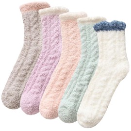 Dress Cici Slipper Socks for Women, Fuzzy Bed Socks, Cozy Warm Fluffy Socks (5 Pairs: Apricot+Light Purple+Light Pink+Light Green+White), Asia Size One Size