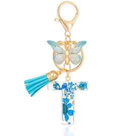 MWOOT Initial Letter T Keychain Resin Alphabet Keyrings,Blue Petals Gold Foil Key Ring Charm with Butterfly Tassel Pendant,Kawaii Key Chain for Womens Gift Ideas Wallet Purse Bag Handbag Decor (T)