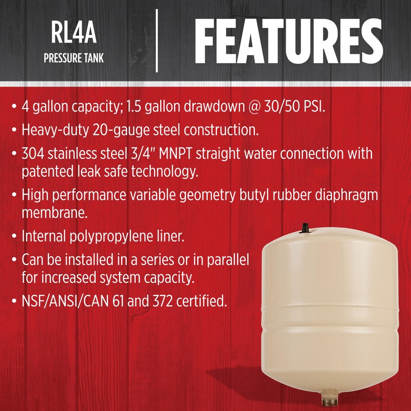 Red Lion RL4A - 4.5-Gallon Inline Pre-Charged Pressure Tank for