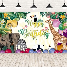 Happy Birthday Banner for Jungle Safari Theme Birthday Party Decorations Fabric Animal Zoo Theme Birthday Party Backdrop Tropical Forest Poster for Boys Girls Birthday Party Supplies