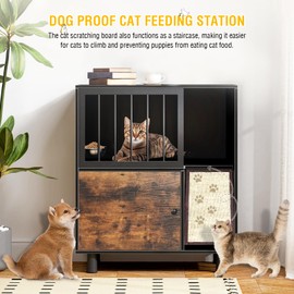 Dog Proof Cat Feeding Station, Cat Feeding Station with Scratching Board, Raised Bowls for Indoor Cats, Elevated Food Bowls with Stand, Vintage Black Furniture