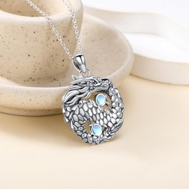 YAFEINI Dragon Necklace S925 Sterling Silver Moonstone Dragon Pendant Necklace Vintage Tai Chi Necklace Chinese Dragon Jewelry Gift for Women Men