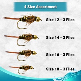 Feeder Creek Bead Head Prince Nymph Flies, One Dozen Fly Fishing Wet Flies, 4 Size Assortment 12,14,16,18 (3 of Each Size), Great for Trout, Bass, Panfish & More