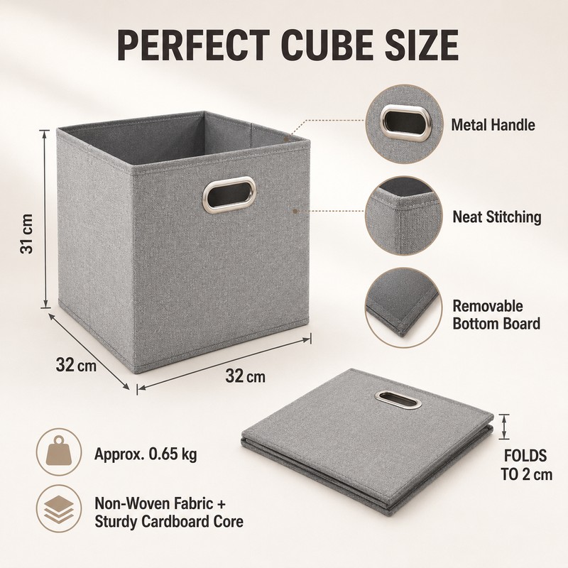 Foldable Fabric Storage Cube Bin with Metal Handles, Gray