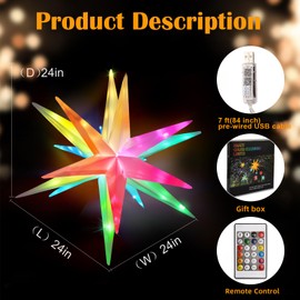Christmas Star Tree Topper Moravian Star Light, LED Bluetooth App & RGB Remote Control Star Lights, Music Sync Color Changing, Indoor and Outdoor Hanging Xmas Bethlehem Star(24 inch)
