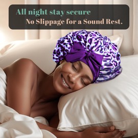 Ptrin Satin Hair Cap, 1 x Silk Bonnet for Sleeping, Night Bonnet, Satin Sleep Cap with Elastic Band, Adjustable, for Women and Girls, Leopard Purple