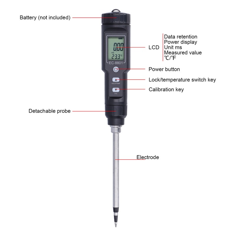 EC Tester with LCD Display Soil Conductivity Temperature Meter for