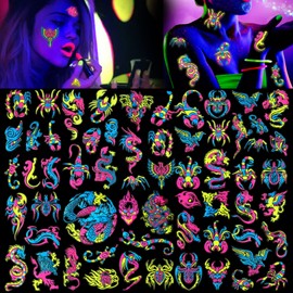 HOWAF 10 Sheets UV Neon Temporary Tattoos, Fluorescence UV Neon Body Face Tattoos for Makeup Party Rave Festival Women Dancing Party Decorations Supplies, Glow in the Dark Black Light Fake Tattoos