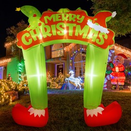 Lenwen 10 ft Christmas Green Furred Troublemaker Inflatable Arch Decoration Xmas Blow up Xmas Archway Inflatables with Build-in LEDs for Christmas Party Indoor Outdoor Yard Door Holiday Decorations