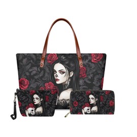 GIFTPUZZ Women and Skull Women's 3-Piece Handbag Set - Stylish Shoulder Bag, Tote Purse, and Makeup Bag for Work, Travel, and Beach - Versatile & Portable