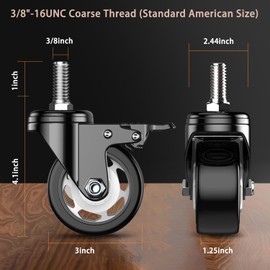 3 Inch Casters Set of 4, Swivel Stem Casters, 3/8" -16 x 1 (Stem Diameter 3/8", Stem Length 1"), No Noise Industrial Caster Wheels for Cart, Furniture