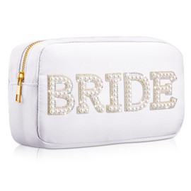 Nylon Bride Makeup Bag Cosmetic Travel Toiletry Bag Large Engagement Gift Bag Pearl Rhinestone Letter Patch Bride Pouch Bride Gifts for Bachelorette Party Women Wedding Bridal Shower (White)