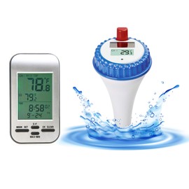 AMTAST Wireless Solar Swimming Pool Thermometer with Calendar Alarm Clock for Outdoor Indoor Swimming Pools, Spas, Hot Tubs, Ponds Digital Floating Temperature Meter WT0224