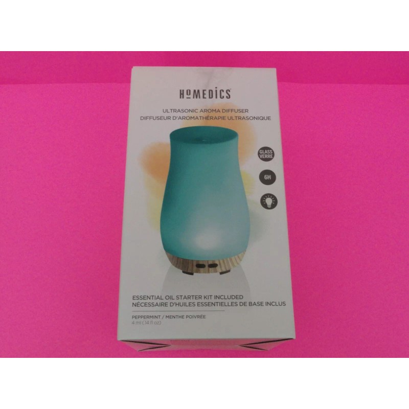 Homedics Ultrasonic Teal Glass Color Change Aromatherapy Essential Oil Diffuser