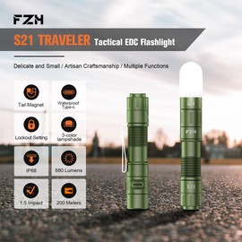 FZH S21 Rechargeable LED Flashlight 880 Lumen Mini EDC Tail Switch Flashlight (Powered by USB Rechargeable Battery), Slim Pocket Flash Light with On/Off Locking Mode for Camping, Outdoor, Emergency