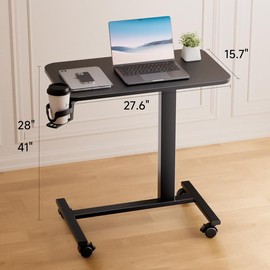 COMHOMA Adjustable Overbed Bedside Table with Lockable Wheels, Pneumatic Mobile Standing Laptop Desk, Portable Rolling Overbed Table Hospital Home Use - COLOR: Black-Small