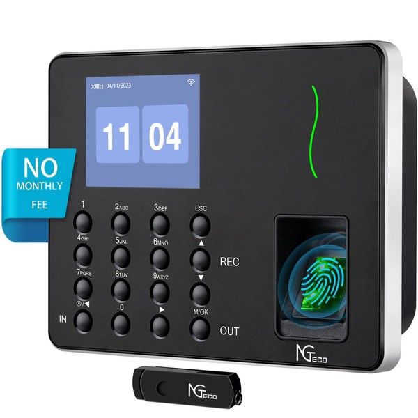 2023 Fingerprint NGTeco Fingerprint Authentication Time Recorder, Anti-Tampering, APP Connection, 2.4 G WIFI, Highly Functional Automatic Time Card Recorder, Card Rack, No Time Card Required, USB Memory Included, Cost Saving, Attendance Management W3