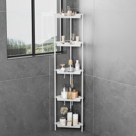 ODesign 5 Tier Floor Standing Corner Shower Caddy Organizer, Plastic Metal Floor Corner Shelf Storage Rack for Bathroom White - Rustproof