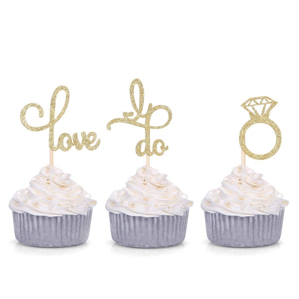 Juego de 24 anillos de oro con purpurina para decoración de cupcakes con texto en inglés «I Do Cupcake», Dorado