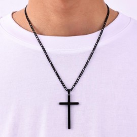 Fiusem Cross Necklace for Men, Stainless Steel Mens Cross Necklaces with 3.5mm Figaro Cross Chain, Black Big Cross Chain Necklace, 24Inch