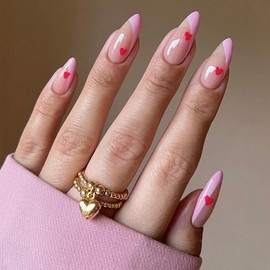 KXAMELIE Pink French Tips Press on Nails Medium Nude Almond Fake Nails with Nail Glue Spring French Glue on Nails Reusable Static Nails False Nails for Women Girls 24 PCS