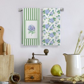 Qeheb Blue Hydrangea Floral Kitchen Towels, Blue Hydrangea Decor Dish Tea Towels, Cottagecore Flower Botanical Green Striped Decorative Hand Towels for Kitchen Decor, 16X24In Set of 2