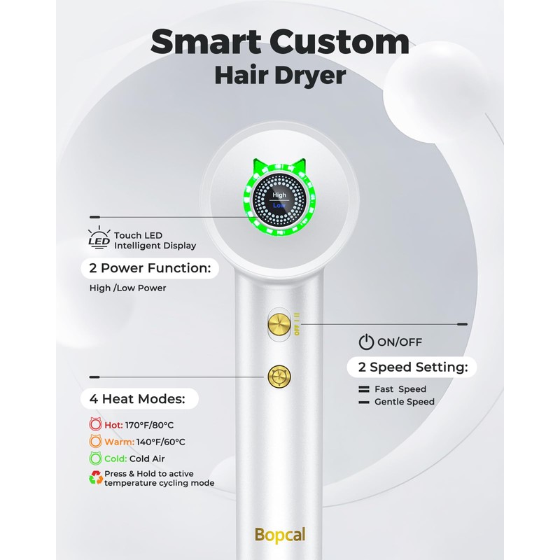 Bopcal Ionic Hair Dryer, 160000 RPM Brushless Motor, Smart Thermo-Control,