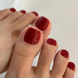 Red Press on Toenails Short Square Fake Toenails Acrylic Toenails Press ons Glossy Glue on Toenails Daily Wear Simple False Toenails Full Cover Stick on Toenails for Women 24Pcs
