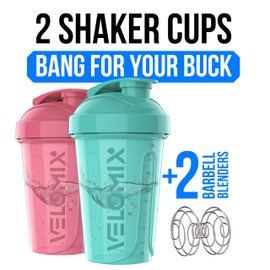 VELOMIX -2 Pack- 20 oz Protein Shaker Bottles for Protein Mixes - 2x Wire Whisk | Leak Proof Shaker Cups for Protein Shakes and Pre Workout | Protein Shaker Bottle Pack (Pink/Turquoise)
