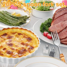 20Pcs Bamboo Silverware Set, Stainless Steel Spoon Fork and Cutter Set, Bamboo Handle Utensil Flatware Set, Bamboo Cutlery, Creative Dessert Forks and Spoons Set for Kitchen Wedding Home Party