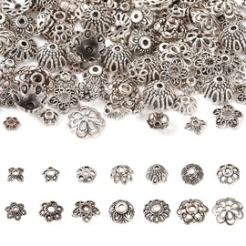 Pandahall 140Pcs Tibetan Style Flower Bead Cap Antique Silver Flower Bead Cap 14 Styles Bead End Cap Charms Alloy Filigree Metal Spacer Beads for DIY Earring Bracelet Jewelry Making