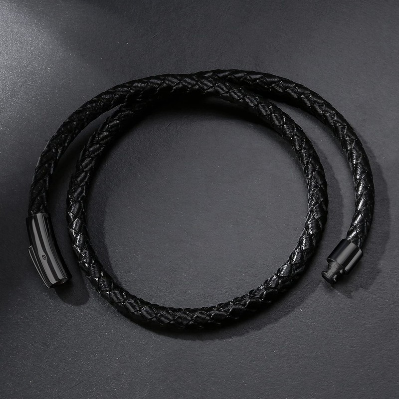 AIZU Braided Leather Rope Bracelet - Mens Black Genuine Leather