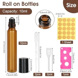 12 Stück Roll on Glasflaschen für Ätherisches Öl, 10ml Roll on Flasche Leer mit Edelstahl-Ball, Braune Rollon Flaschen mit Öffner,Tropfer, Strohhalm, Etiketten für Ätherische Öle, Parfüm, Massage