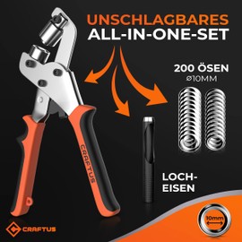 CRAFTUS® Professional Eyelet Pliers Set with 200 Eyelets (Diameter 10 mm) I Magnetic Eyelet Press Made of Hardened Steel for Fabrics and Tarpaulins I Eyelet Punch for Tarpaulin Eyelets and Metal